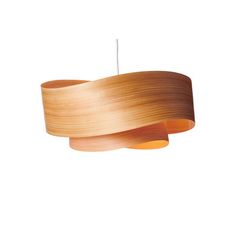 a wooden light hanging from the ceiling with a cord in front of it and a white background