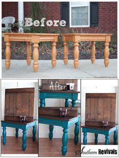 before and after photos of an old table