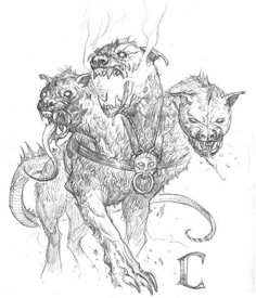 an ink drawing of three dogs with their heads in the air and one dog on its back