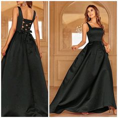 New Princess Seamed Square Neck Lace Up Ball Gown Dress * Sleeveless * Princess Square Neck * High Waist * Back Corset Like Lace Up Tie Detail * Pleated Waist Full Length Skirt *Approximate Unstretched Measurements* Xs (2) * Bust 32"(Up To 34") * Waist 25.25"(Up To 26") * Length 61.25" Small (4) * Bust 34"(Up To 35.25") * Waist 27.2"(Up To 27.5") * Length 61.75" Medium (6) * Bust 35.75"(Up To 37") * Waist 29"(Up To 29") * Length 62.25" Large (8/10) * Bust 37.75"(Up To 39.5") * Waist 31"(Up To 31 Black Classy Formal Dress, Sleeveless Evening Dress With Corset Back For Banquet, Elegant Sleeveless Dress With Corset Back, Black Sleeveless Gown For Banquet, Black Sleeveless Prom Gown, Sleeveless Maxi Dress With Corset Back For Formal Events, Sleeveless Maxi Dress With Corset Back For Formal Occasions, Black Sleeveless Maxi Dress For Wedding, Black Satin Sleeveless Gown