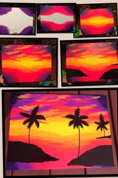 four paintings of palm trees painted in different shades of purple, orange and pink on canvases