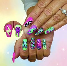 Trippy Nails, Match Nails, Mix Match Nails, August Nails, Fake Nails Designs, Space Nails, Retro Nails