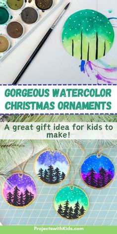 three christmas ornaments with the words gorgeous watercolor christmas ornaments on them, and an image of