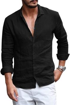 Mens Button Down Shirt Linen Cotton Shirts Casual Long Sleeve Spread Collar Lightweight Beach Plain Tops at Amazon Men’s Clothing store Mens Linen Shirts Summer, Moda Hippie, Outfits Hombre, Style Comfortable