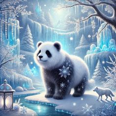 a panda bear standing on top of a snow covered ground next to a forest filled with trees