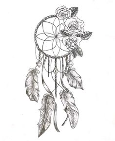 a drawing of a dream catcher with roses and feathers