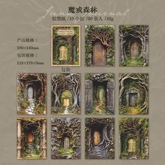 a set of nine pictures with trees and doors