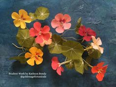 colorful flowers with green leaves on a blue stone surface, in the middle of an artistic photograph