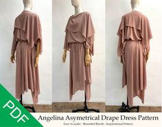 three different views of a dress on a mannequin headdress with the words, angellia asymmetrical draperess dress pattern