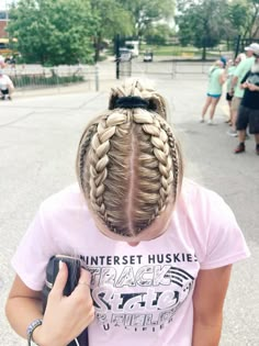 Two dutch braids and two tinier dutch braids into a ponytail! Tiny Dutch Braids, Softball Braided Hairstyles, Football Hair Styles, Thick Dutch Braids, Dutch Braid Hairstyles For Sports, Basketball Hairstyles Braids, Basketball Braids, Hiphop Hairstyles Dance, Dutch Braids Into Ponytail