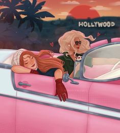 two women sitting in the back of a pink car with palm trees and hollywood sign behind them