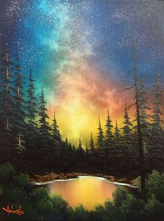 an oil painting of a lake surrounded by pine trees and the stars in the sky