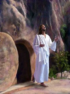 a painting of jesus standing in front of a rock formation with his hands out to the side