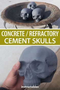 there is a skull in the middle of two bowls with skulls on them and text that reads concrete / refractory cement skulls