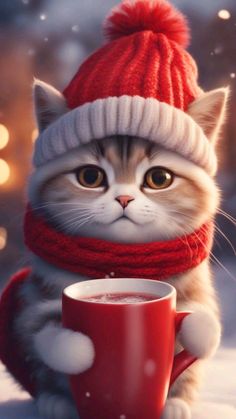 a cat wearing a red hat and scarf holding a coffee cup