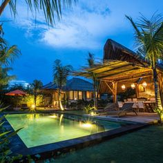 an outdoor swimming pool surrounded by palm trees and lawn chairs at night with lights on