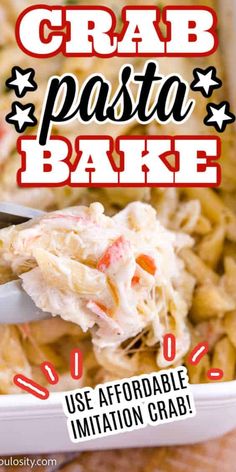 crab pasta bake recipe with text overlay