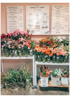 many different types of flowers in vases on display at a flower shop with price signs behind them