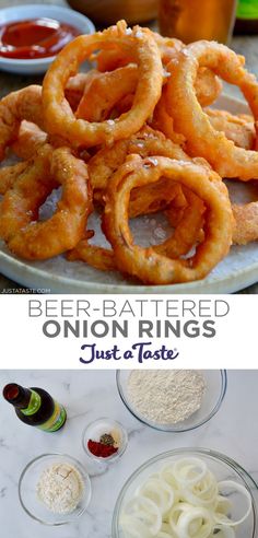 Top image: Homemade beer-battered onion rings piled high on a plate. Bottom image: A top-down view of four different-sized clear bowls containing sliced onions, flour and spices next to a bottle of beer. How To Make Batter For Frying, Best Beer Batter Recipe, How To Make Beer Batter, Beer Battered Pickles, Onion Ring Batter Recipe, Buttermilk Onion Rings Recipe, Homemade Beer Batter, Beer Batter Onion Rings Recipe