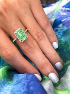 "\"Natural COLOMBIAN EMERALD HALO RING WITH Natural DIAMONDINS IN 14K SOLID GOLD\" - Approx Emerald Carat weight: 2.5Ct - 3.0Ct - 100% Natural Emerald - High Quality Emerald - AAA - 14k Solid Gold Material - Diamonds Quality: High Quality: VS1-VS2 Color : F-G Setting Style: 4 Prongs and Pave Setting Style Halo Setting all over the Center Stone ( Emerald) and on the shank (Band). *Box Included* Please ask any questions you may have." Light Green Emerald, Colombian Emerald Ring, Emerald Halo, Emerald Wedding Rings, Jewellery Indian, Emerald Diamond Ring, Best Engagement Rings, Jewelry Appraisal, Ring Emerald