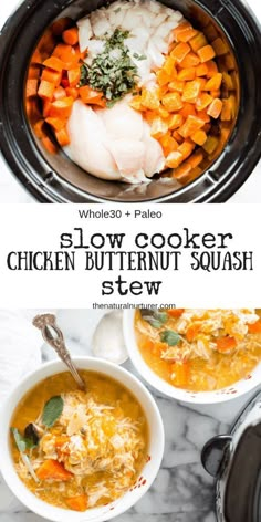 the slow cooker chicken butternut squash stew is ready to be eaten and served