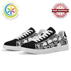 Black & White Skulls Skateboard Shoes – ShopImaginable.com Skull Print Lace-up Sneakers For Streetwear, Streetwear Lace-up Sneakers With Skull Print, Streetwear Skull Print Lace-up Sneakers, White Punk Style Low-top Sneakers, Casual Custom Halloween Sneakers With Round Toe, Casual Halloween Skateboarding Sneakers, Athleisure Leggings, Skateboard Shoes, Unisex Shoes