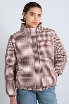 Prepare for autumn with our Jennifer check puffer, featuring removable sleeves and made using recycled polyester. • Detachable sleeves• Zip front fastening• Popper-down placket• DM embroidery on left chest• Internal pocket• New, improved fabrication• Oversized• Shell 100% Recycled Polyamide, Wadding 100% Polyester, Lining 100% Recycled Polyester• Designed in London MODEL INFO:Model is 5'10.5 and is wearing a UK 10. Crochet Stripe Scarf, Jennifer Check, Damson Madder, Street Style Aesthetic, London Models, Removable Sleeves, Detachable Sleeves, Striped Scarves, Pink Gingham