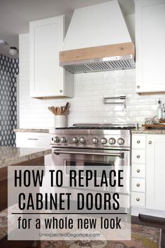 a stove top oven sitting inside of a kitchen next to white cabinets and counter tops