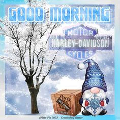 an image of a snowman with a box in front of a tree and the words good morning on it