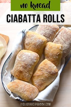 bread rolls on a plate with text overlay saying how to make no bread ciabatta rolls