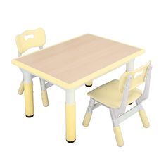 a wooden table with two chairs next to it on a white background in front of a white backdrop