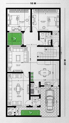 the floor plan for an apartment with two floors and one car parked in front of it