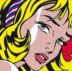 a pop art painting of a woman with blonde hair and blue eyes wearing a tie