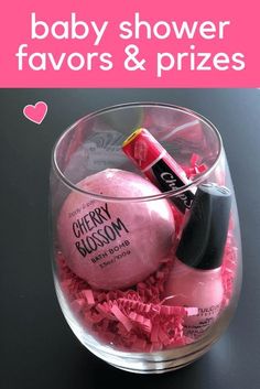 baby shower favors and prizes in a glass bowl