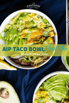 two bowls filled with different types of food and the words air taco bowl side by side