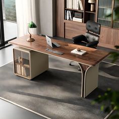 an office desk in the middle of a room with a bookcase and chair next to it