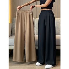 Season:Fall,Summer; Fabric:Polyester; Gender:Women's; Style:Fashion,Streetwear,Elegant; Elasticity:Micro-elastic; Occasion:Street,Going out,Work,Business; Function:Breathability,Comfortable,Soft,Comfort; Waistline:High Waist; Pattern:Plain,Maillard; Design:Pocket,Baggy,High Cut; Pants Type:Dress Pants,Pants Trousers,Wide Leg,Baggy Pants; Front page:FF; Listing Date:07/24/2023; Production mode:External procurement; Hips:; Length:; Pants Length:Full Length Streetwear Mode, Casual Wide Leg Pants, High Waist Fashion, Palau, Spring Women, Pantalon Large, Womens Dress Pants, Type Of Pants, 2000s Fashion