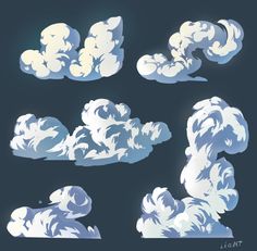 various clouds in the shape of letters on a dark background with blue and white colors