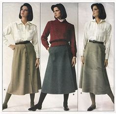 three pictures of women in skirts and blouses, one wearing a skirt with buttons on the side