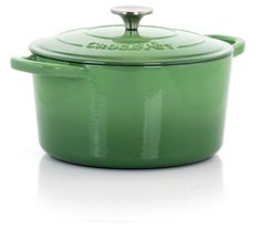 a green casserole with a lid and handle on a white background, it appears to be used as an appliance for cooking