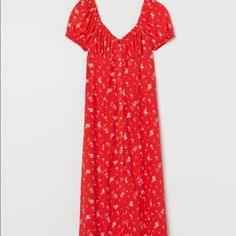 Fitted, Calf-Length Dress In A Patterned Viscose Weave With A Sweetheart Neckline And Short Puff Sleeves. Seam Under The Bust, Buttons Down The Front And Narrow Elastication And A Frill Trim Around The Neckline And Sleeves. Size Xs Or Us 34. Red Buttoned Maxi Dress For Summer, H&m Casual Midi Dress For Daywear, Casual Daywear Midi Dress By H&m, Casual H&m Midi Dress For Daywear, H&m Casual Floral Print Dresses, Casual Floral Print H&m Dress, H&m Red Summer Dresses, Casual Short Sleeve Midi Dress By H&m, Red Summer Dress By H&m