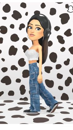 a cartoon girl is standing in front of a cow print wall with her head tilted to the side