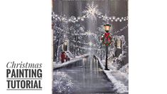 a painting of a man walking down a snowy street with christmas lights on the trees