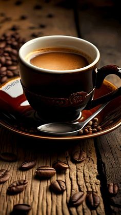 a cup of coffee sitting on top of a saucer next to some coffee beans