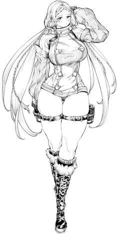 a drawing of a woman with long hair and boots on her knees, standing in front of