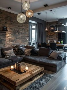 a living room filled with furniture and lights