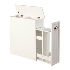 a white cabinet with an open door and two drawers on the bottom, in front of a white background