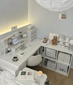 a white desk and chair in a small room