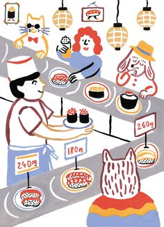 an illustration of people at a sushi bar with cats on the wall behind them