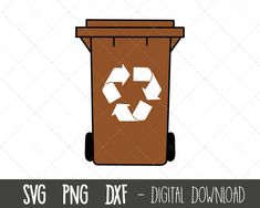 a brown trash can filled with recyclables and the words svg png